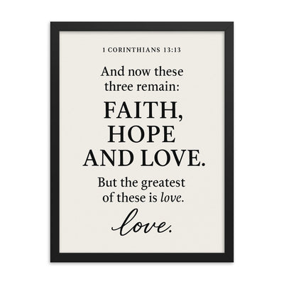 1 Corinthians 1313 And now these three remain faith hope and love But the greatest of these is love framed print on a plain backdrop in size 18