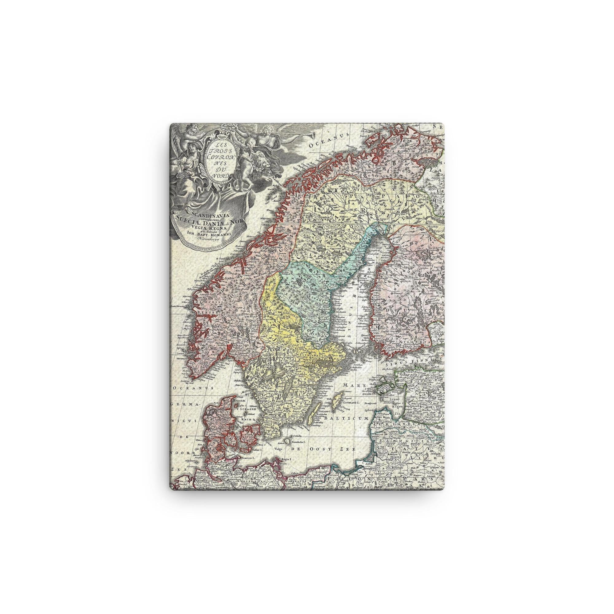 1730 Homann Map of Scandinavia, Norway, Sweden, Denmark, Finland and the Baltics canvas print on a plain backdrop in size 12"x16".