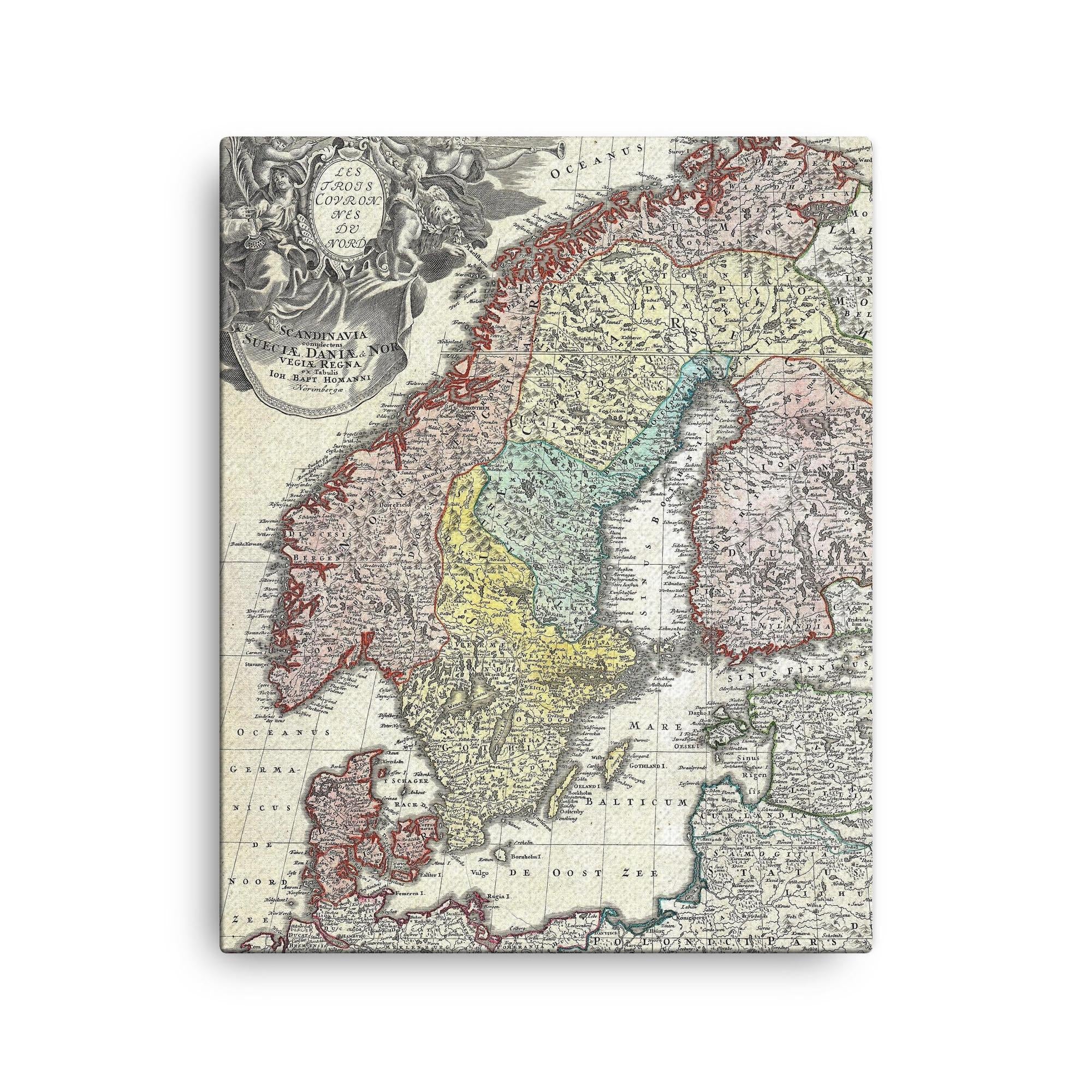 1730 Homann Map of Scandinavia, Norway, Sweden, Denmark, Finland and the Baltics canvas print on a plain backdrop in size 16"x20".