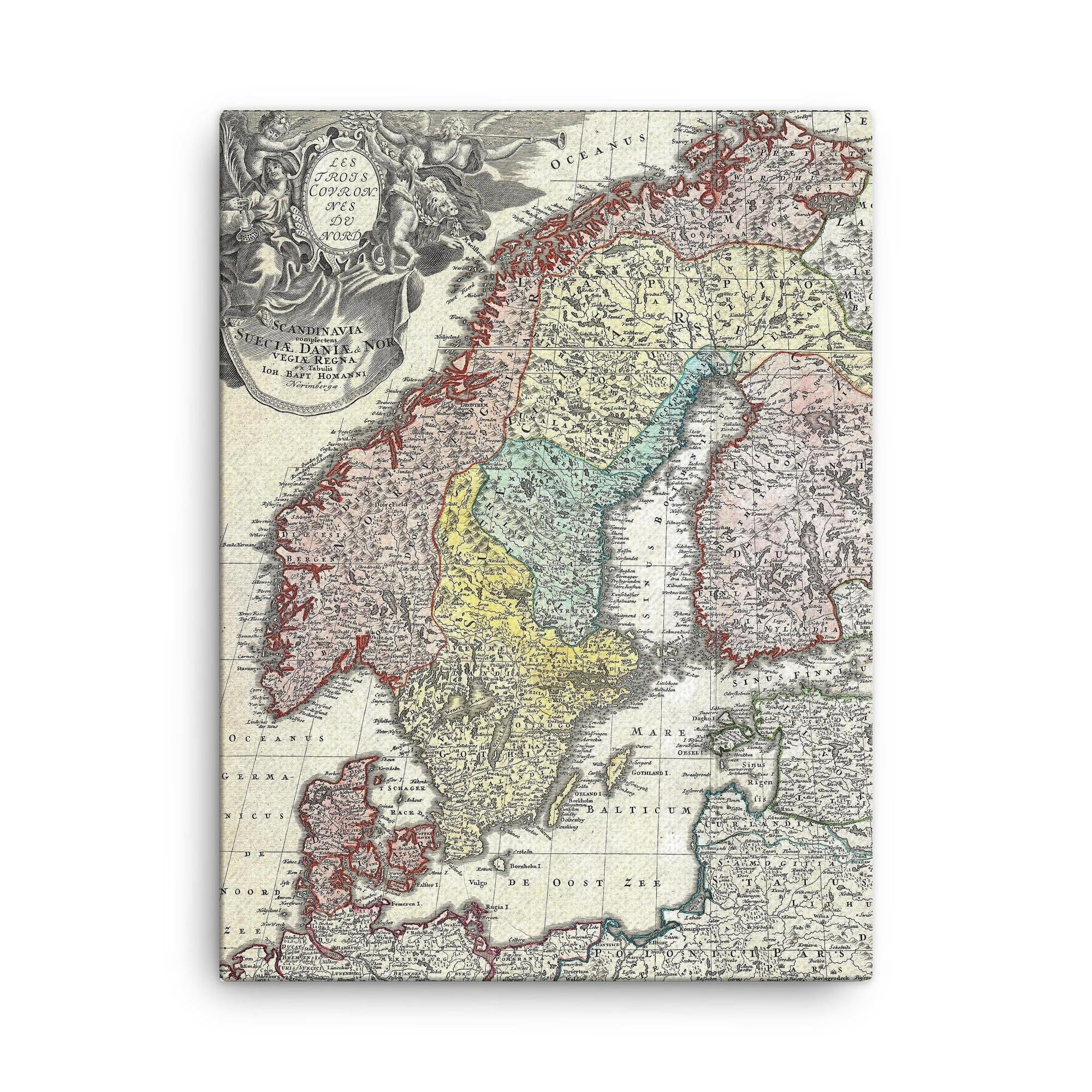 1730 Homann Map of Scandinavia, Norway, Sweden, Denmark, Finland and the Baltics canvas print on a plain backdrop in size 18"x24".