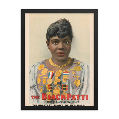 1899 poster of The Black Patti, Mme M Sissieretta Jones framed print on a plain backdrop in size 18