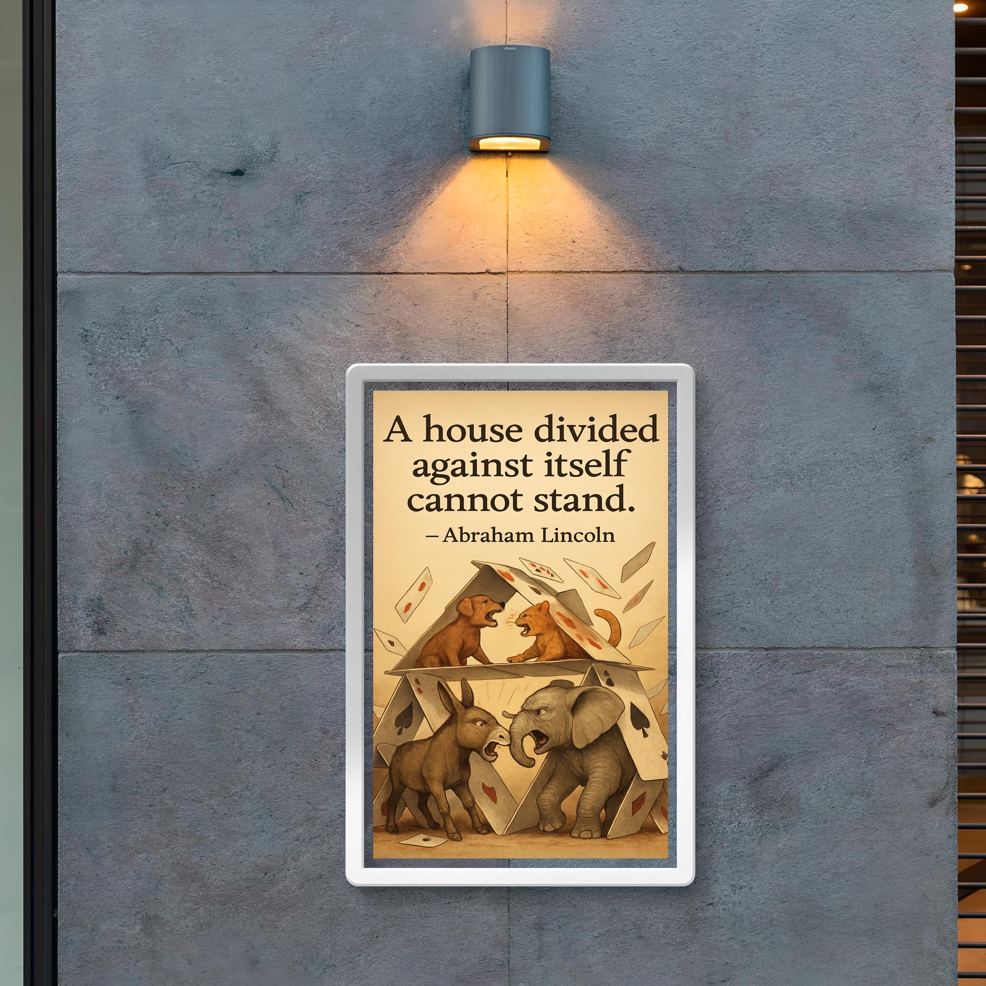 abraham lincoln house divided quote playing cards house falling animals arguing inspiring poster poster 2