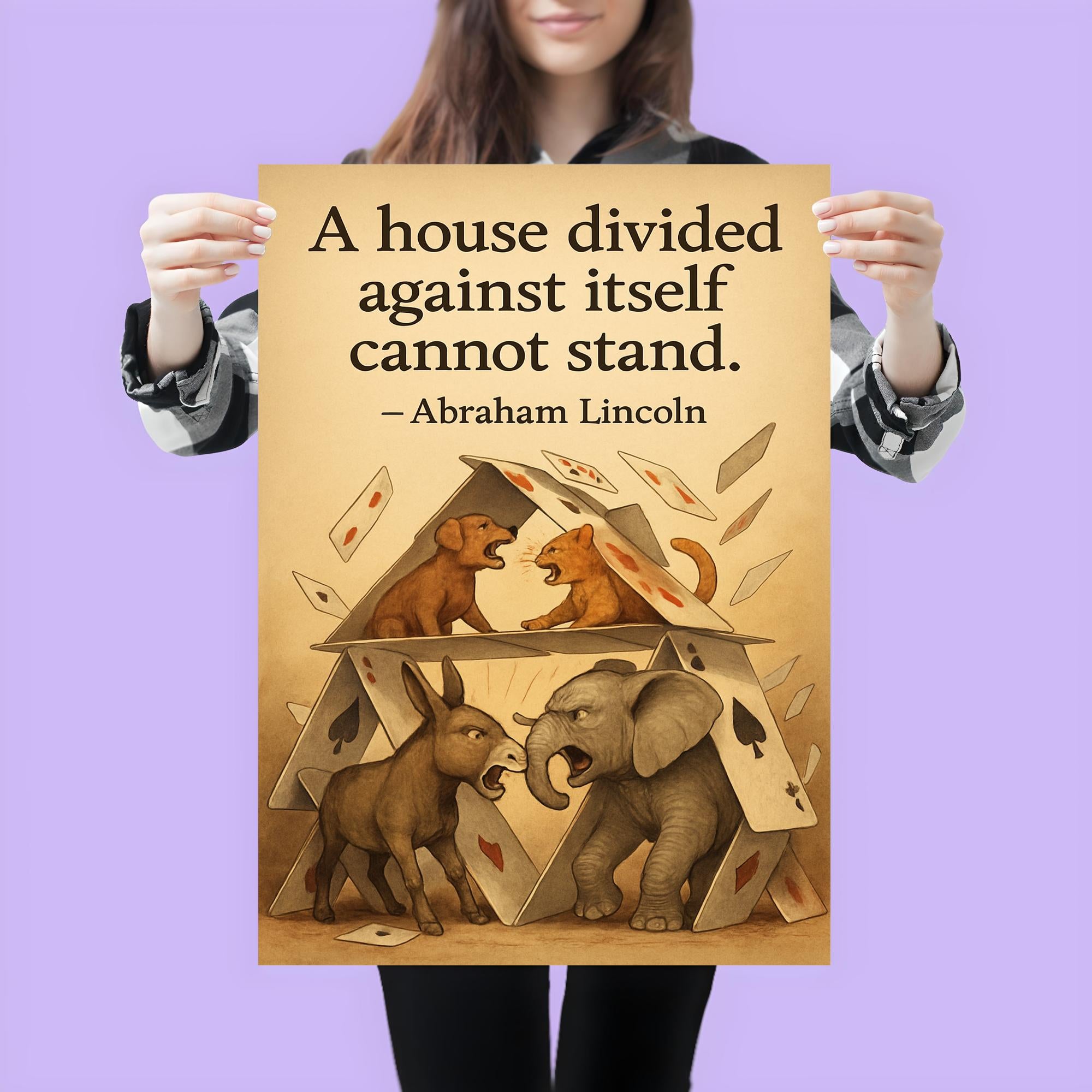 abraham lincoln house divided quote playing cards house falling animals arguing inspiring poster poster 3