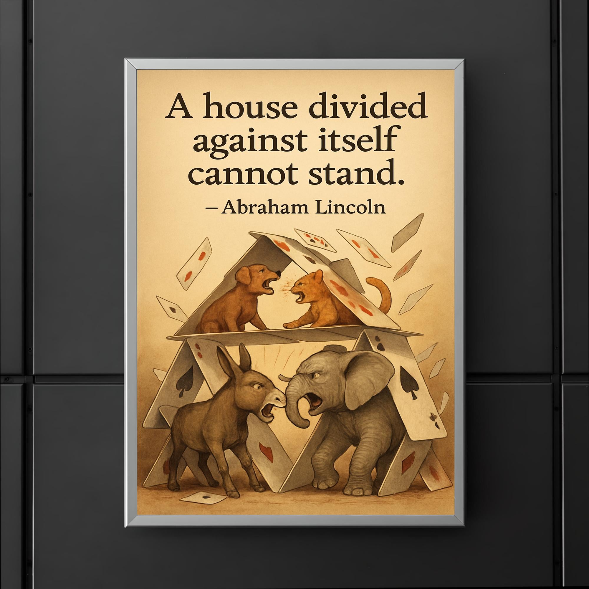 abraham lincoln house divided quote playing cards house falling animals arguing inspiring poster poster 5