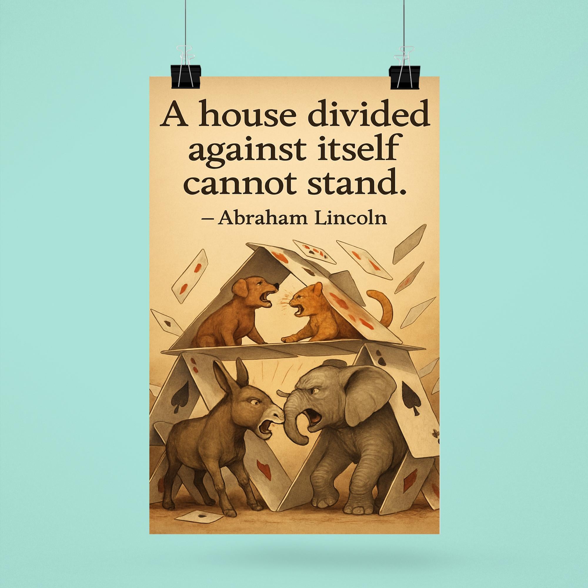 abraham lincoln house divided quote playing cards house falling animals arguing inspiring poster poster 6