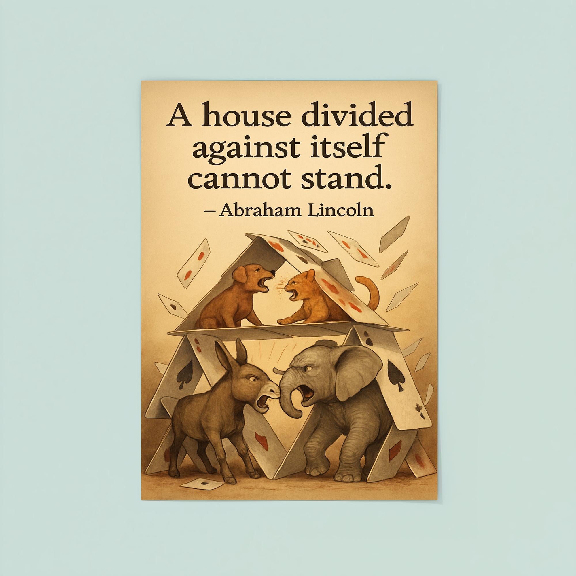 abraham lincoln house divided quote playing cards house falling animals arguing inspiring poster poster 8