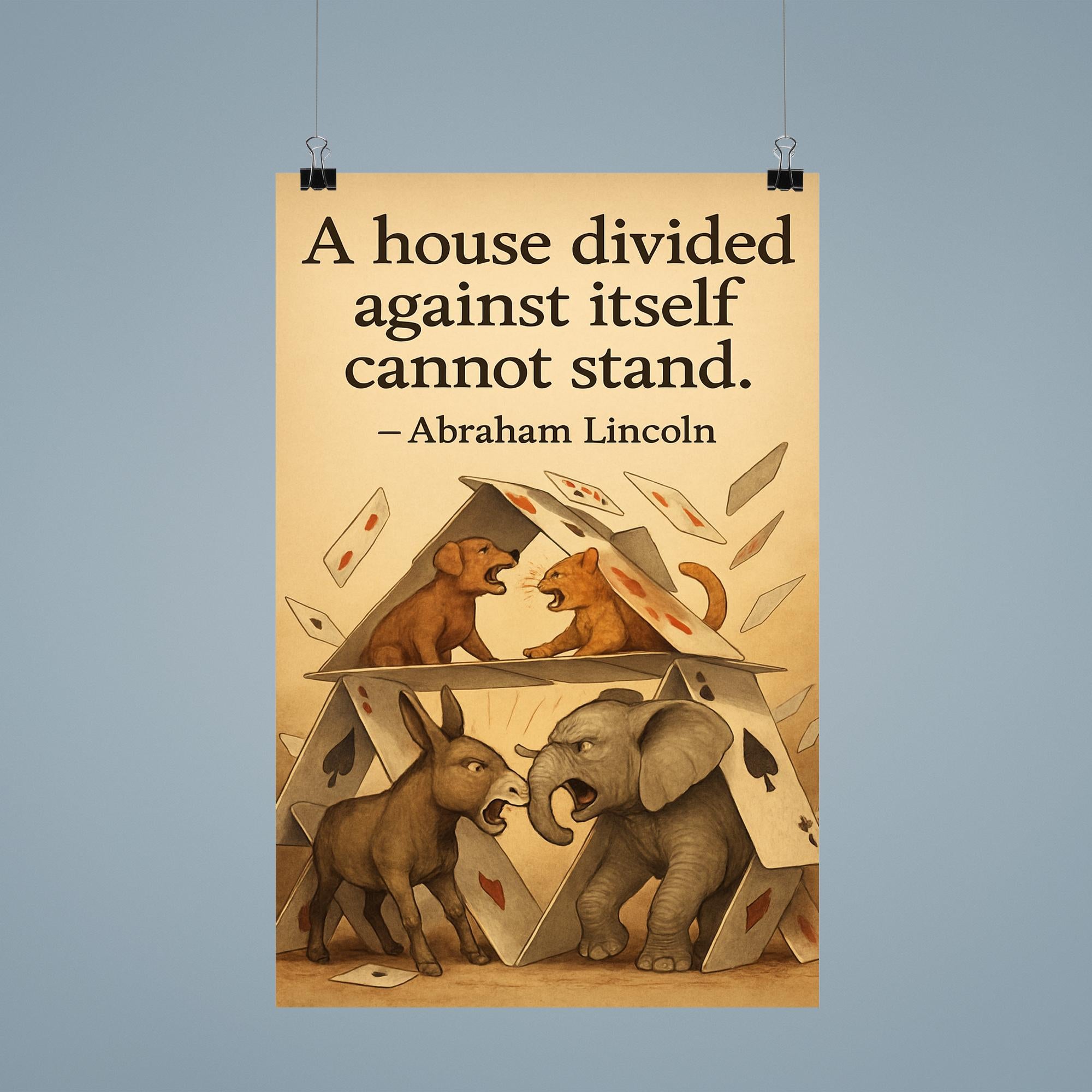 abraham lincoln house divided quote playing cards house falling animals arguing inspiring poster poster 9