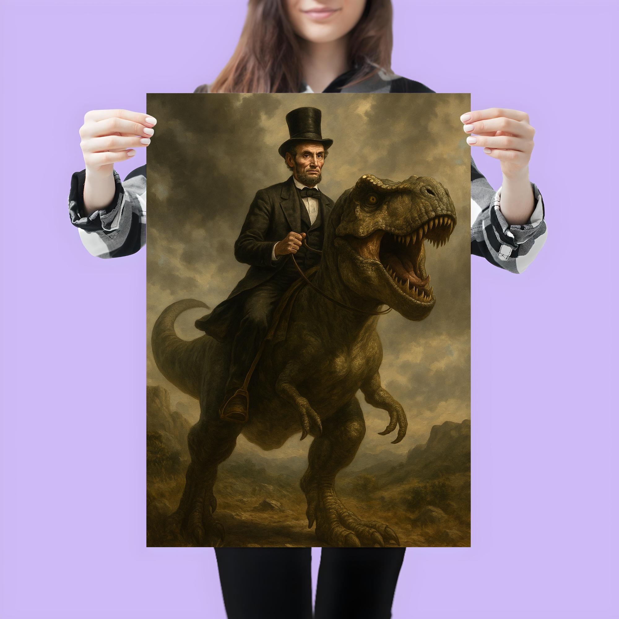 Abraham Lincoln riding a dinosaur poster 3