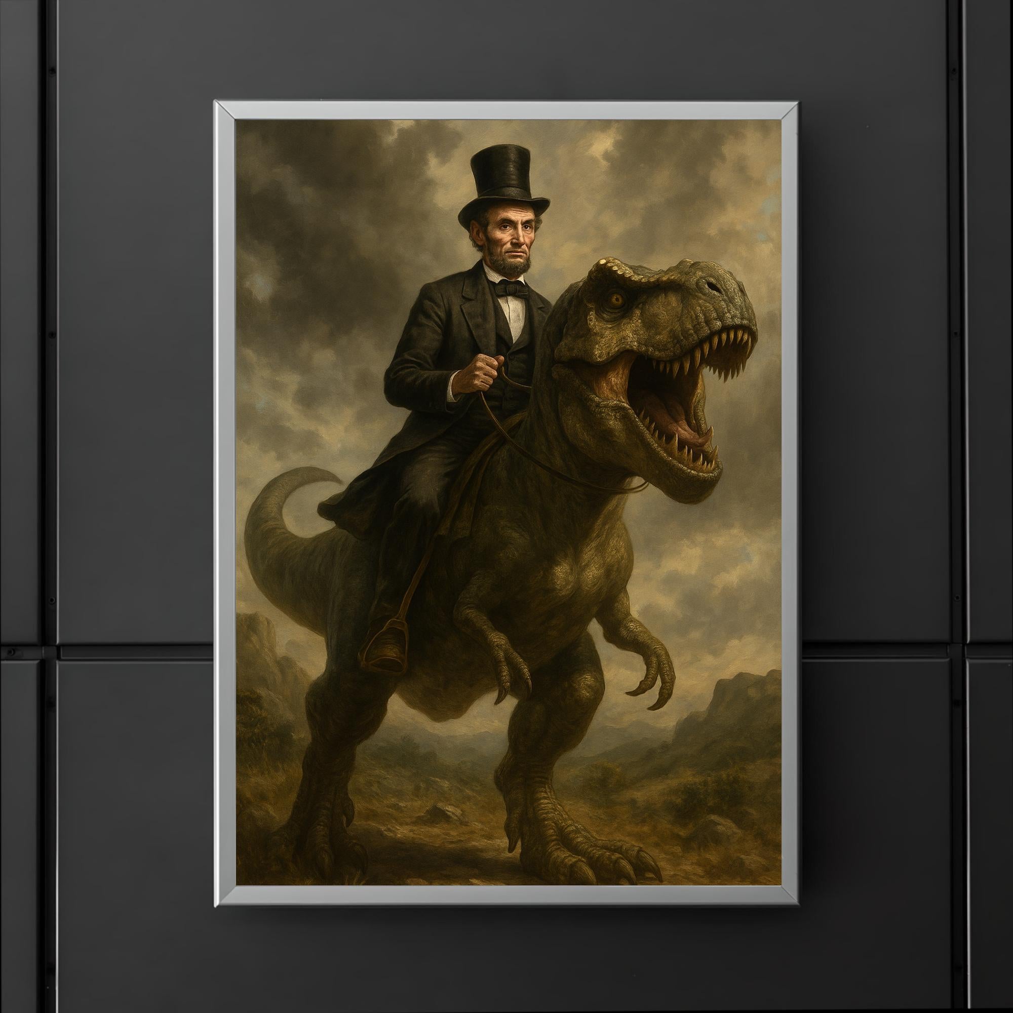Abraham Lincoln riding a dinosaur poster 5