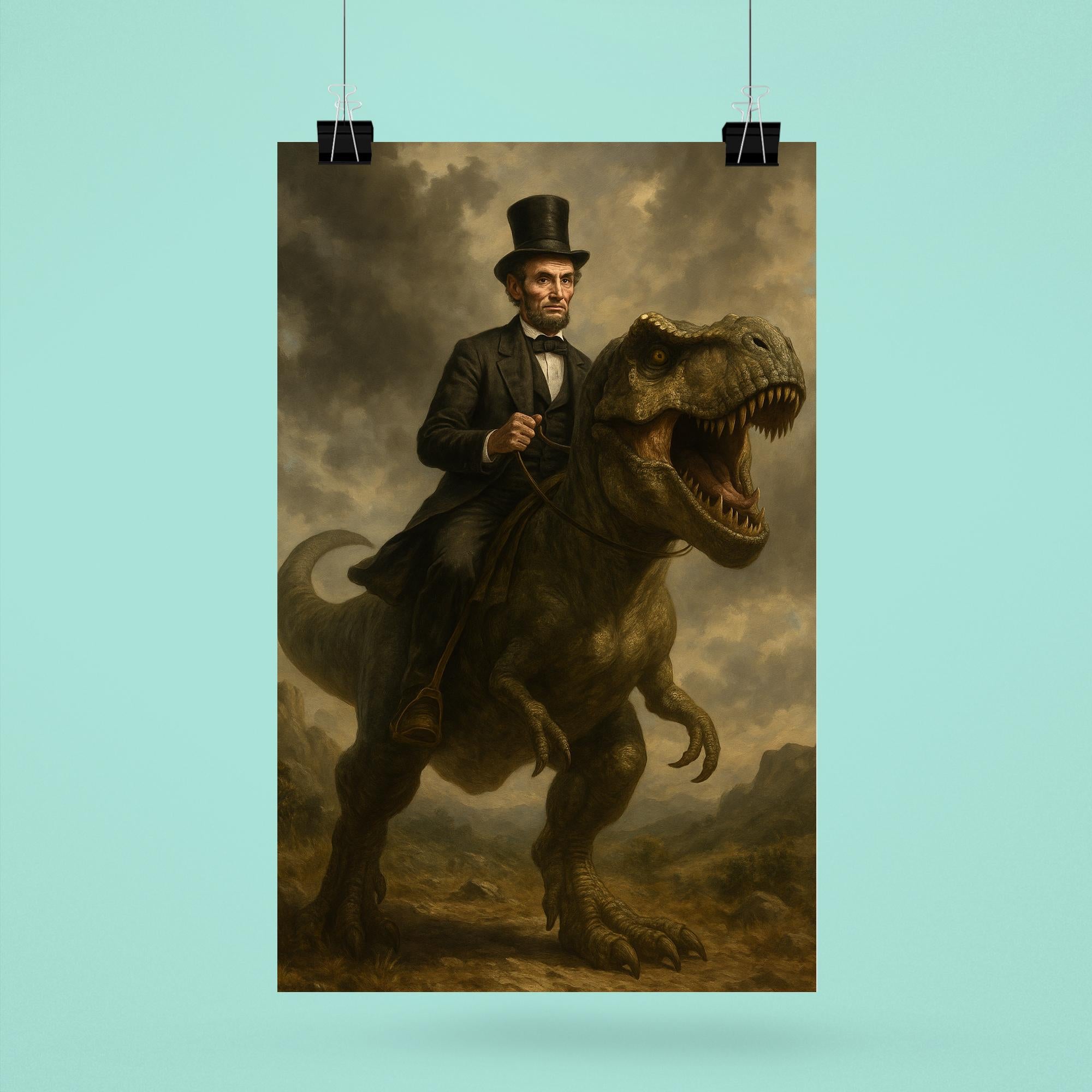 Abraham Lincoln riding a dinosaur poster 6