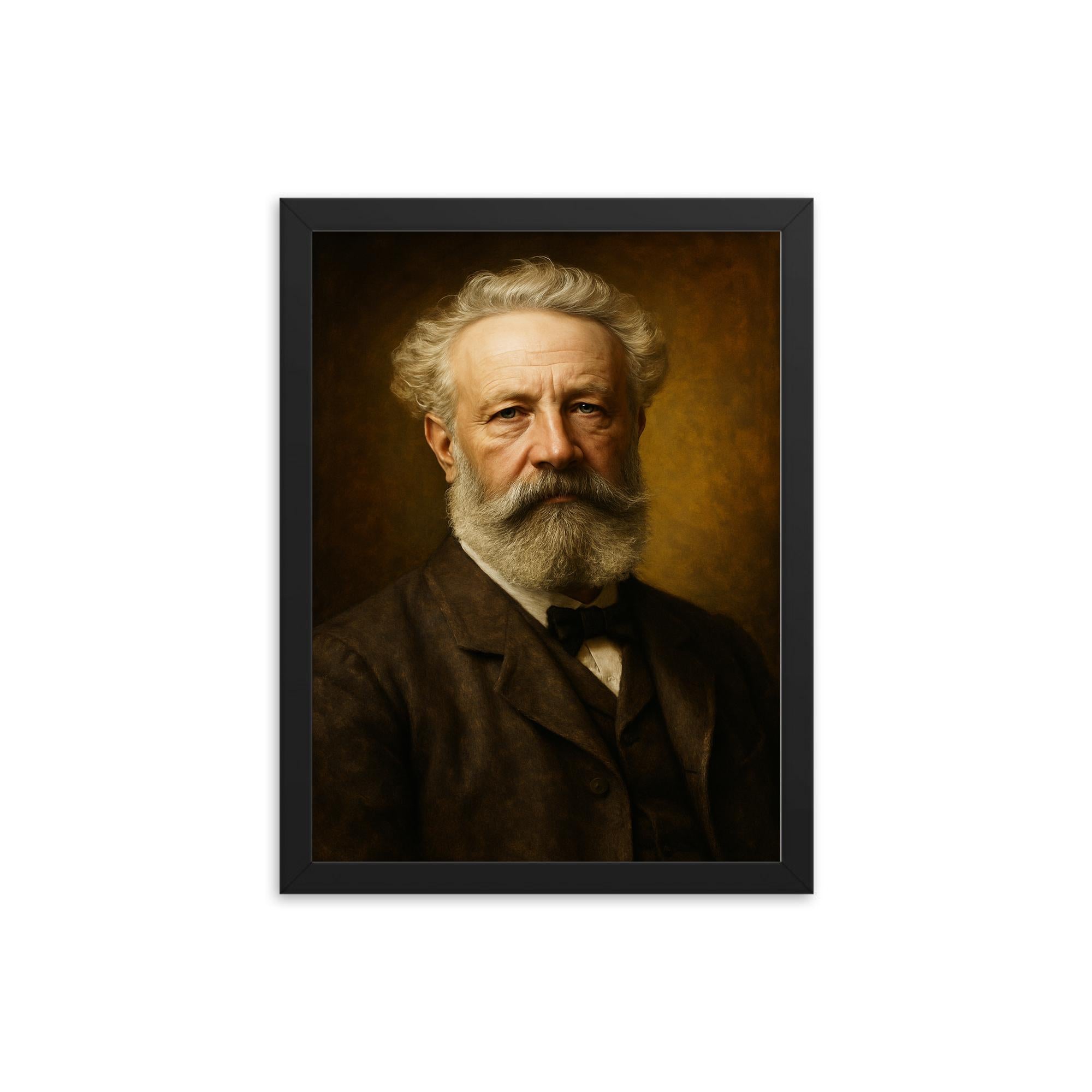 Jules Verne portrait framed print on a plain backdrop in size 12"x16".