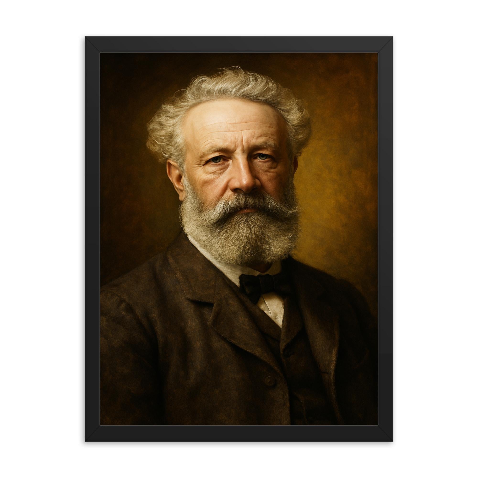 Jules Verne portrait framed print on a plain backdrop in size 18"x24".