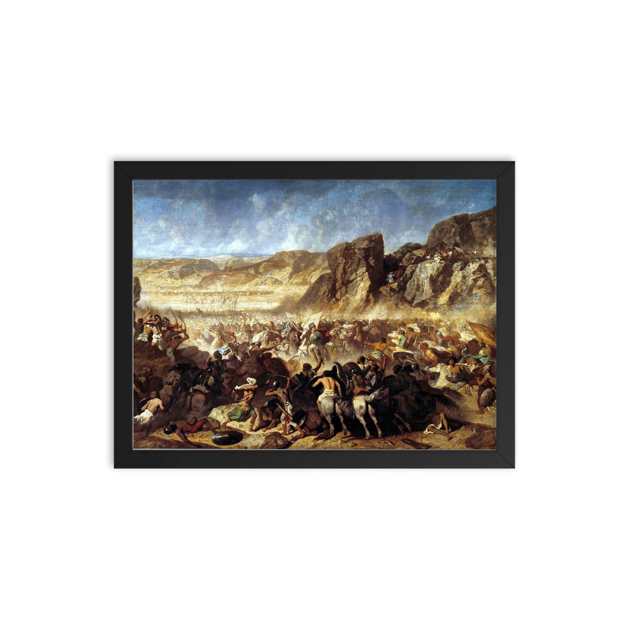 Retreat of the Ten Thousand at the Battle of Cunaxa by Jean-Adrien Guignet, c. 1843 framed print on a plain backdrop in size 12"x16".