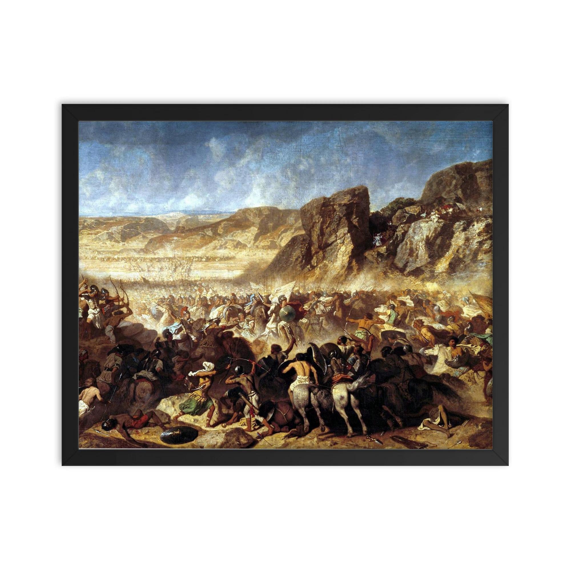 Retreat of the Ten Thousand at the Battle of Cunaxa by Jean-Adrien Guignet, c. 1843 framed print on a plain backdrop in size 16"x20".