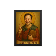 Saint Elon of Musk framed print on a plain backdrop in size 12"x16".