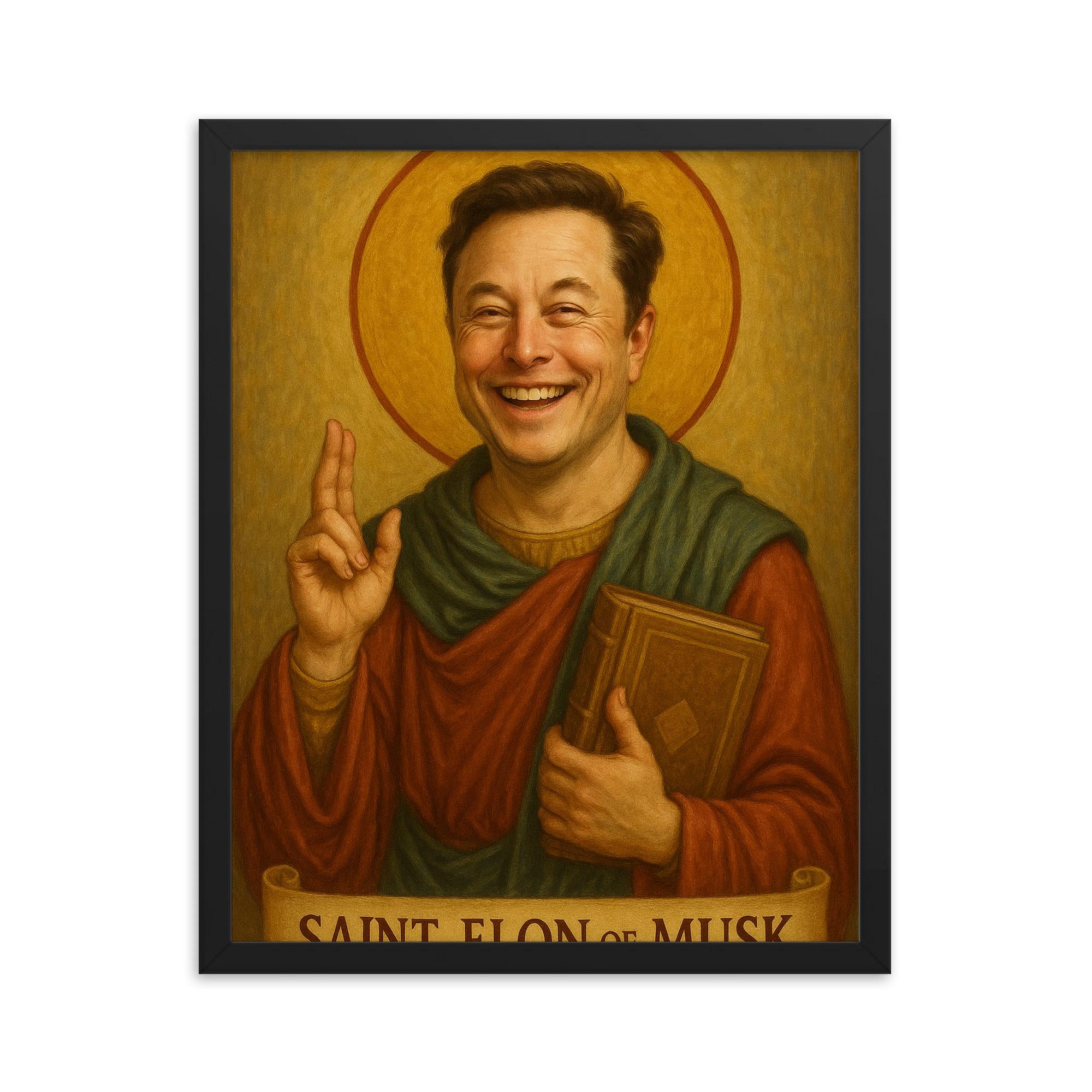 Saint Elon of Musk framed print on a plain backdrop in size 16"x20".