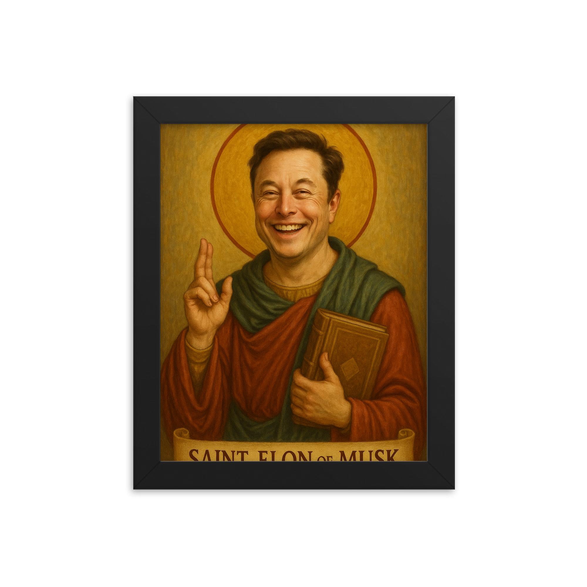 Saint Elon of Musk framed print on a plain backdrop in size 8"x10".