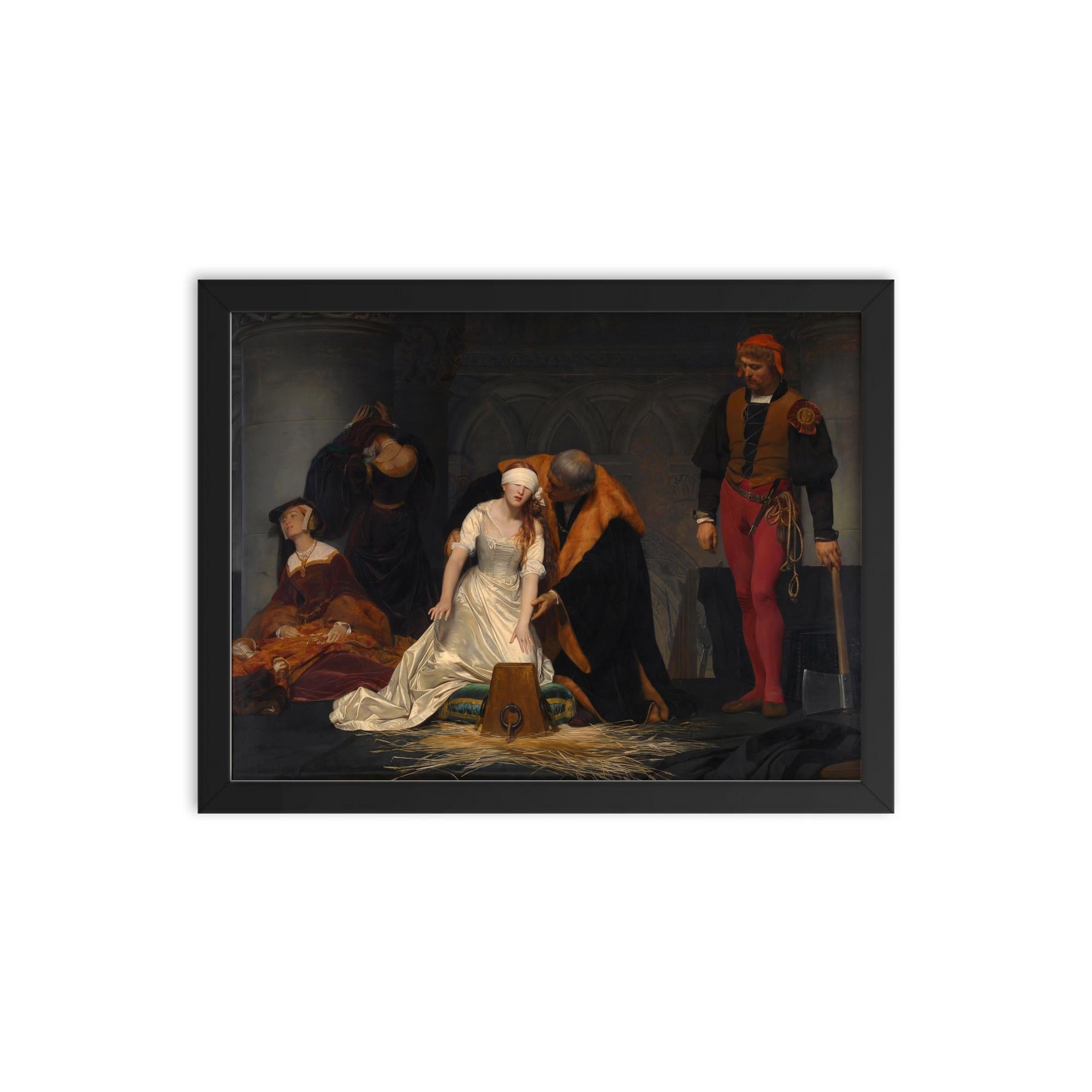 The Execution of Lady Jane Grey by Paul Delaroche framed print on a plain backdrop in size 12"x16".
