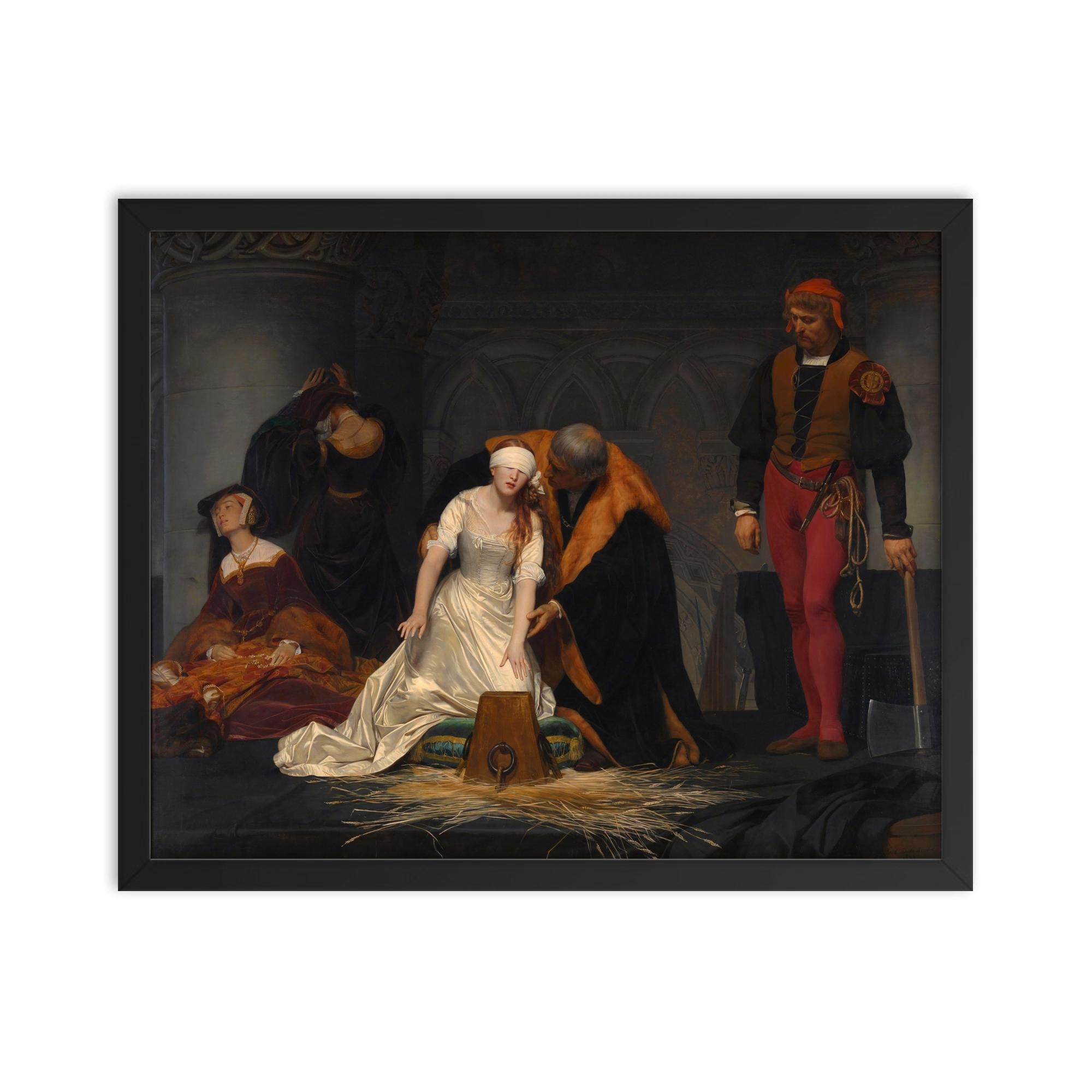 The Execution of Lady Jane Grey by Paul Delaroche framed print on a plain backdrop in size 16"x20".