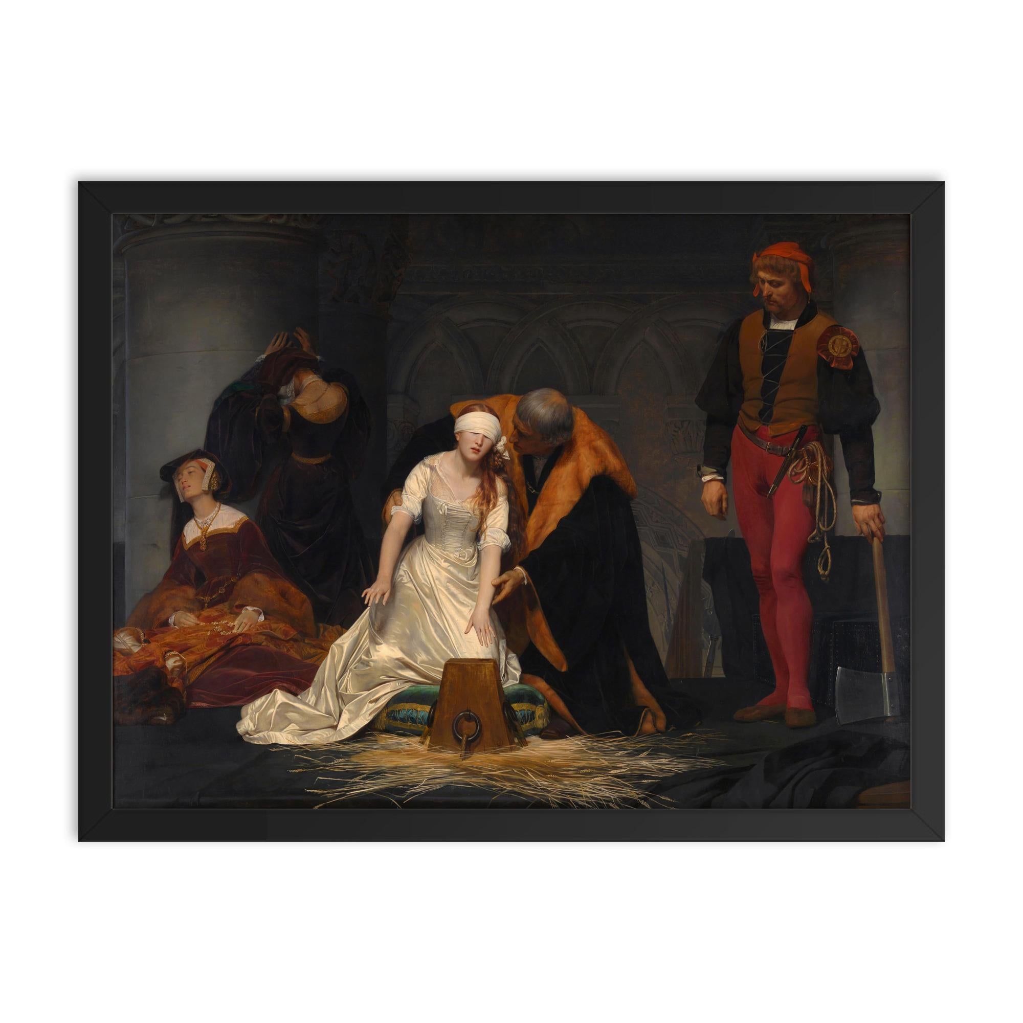 The Execution of Lady Jane Grey by Paul Delaroche framed print on a plain backdrop in size 18"x24".