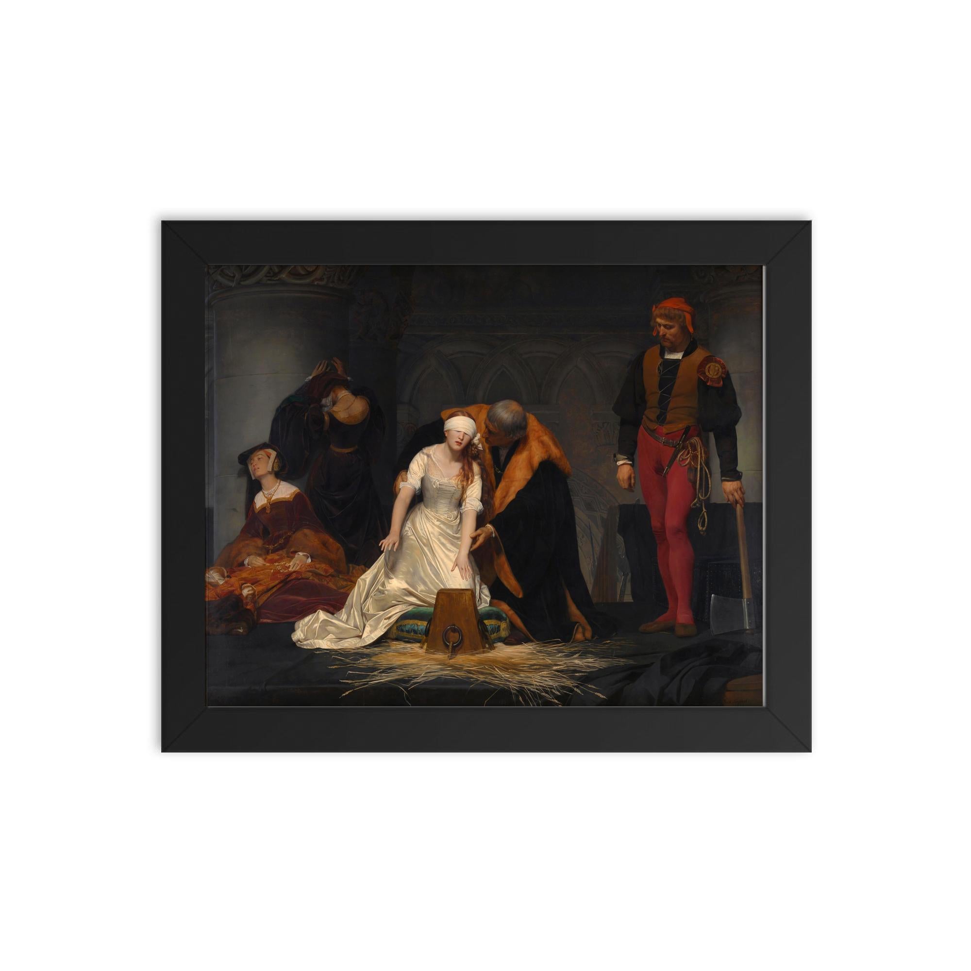 The Execution of Lady Jane Grey by Paul Delaroche framed print on a plain backdrop in size 8"x10".