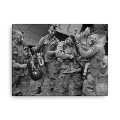 101st Airborne Division's Filthy Thirteen Preparing to Parachute into France, D-Day, June 6, 1944 canvas print on a plain backdrop in size 18