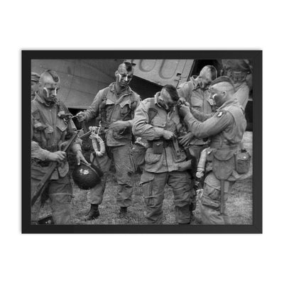 101st Airborne Division's Filthy Thirteen Preparing to Parachute into France, D-Day, June 6, 1944 framed print on a plain backdrop in size 18