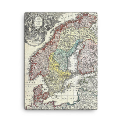 1730 Homann Map of Scandinavia, Norway, Sweden, Denmark, Finland and the Baltics canvas print on a plain backdrop in size 18