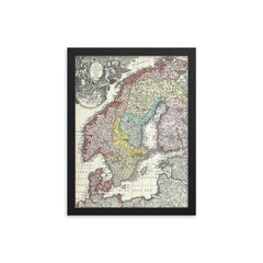 1730 Homann Map of Scandinavia, Norway, Sweden, Denmark, Finland and the Baltics framed print on a plain backdrop in size 12"x16".