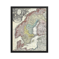 1730 Homann Map of Scandinavia, Norway, Sweden, Denmark, Finland and the Baltics framed print on a plain backdrop in size 16"x20".