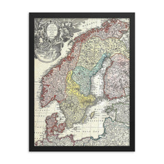 1730 Homann Map of Scandinavia, Norway, Sweden, Denmark, Finland and the Baltics framed print on a plain backdrop in size 18"x24".