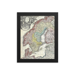 1730 Homann Map of Scandinavia, Norway, Sweden, Denmark, Finland and the Baltics framed print on a plain backdrop in size 8"x10".