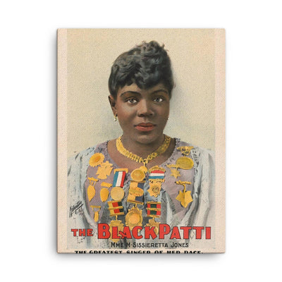 1899 poster of The Black Patti, Mme M Sissieretta Jones canvas print on a plain backdrop in size 18