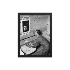 "If You Talk Too Much, This Man May Die - WWII Mirror" framed print on a plain backdrop in size 12"x16".