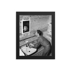 "If You Talk Too Much, This Man May Die - WWII Mirror" framed print on a plain backdrop in size 8"x10".