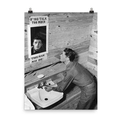 "If You Talk Too Much, This Man May Die - WWII Mirror" poster on a plain backdrop in size 8"x10".