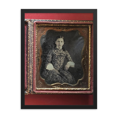 6th Plate Daguerreotype in Full Case with Fabulous Dress framed print on a plain backdrop in size 18