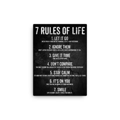 7 rules of life motivational poster canvas print on a plain backdrop in size 12"x16".