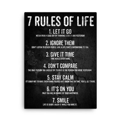7 rules of life motivational poster canvas print on a plain backdrop in size 18