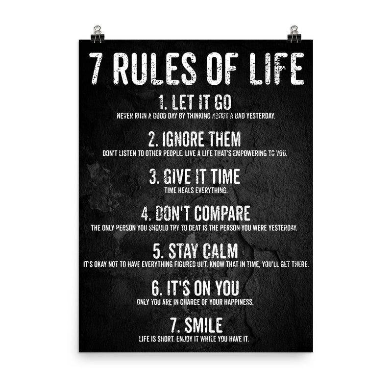 7 rules of life motivational poster poster on a plain backdrop in size 8