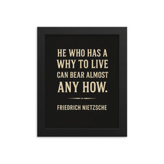 “He who has a why to live can bear almost any how ” Friedrich Nietzsche framed print on a plain backdrop in size 8"x10".