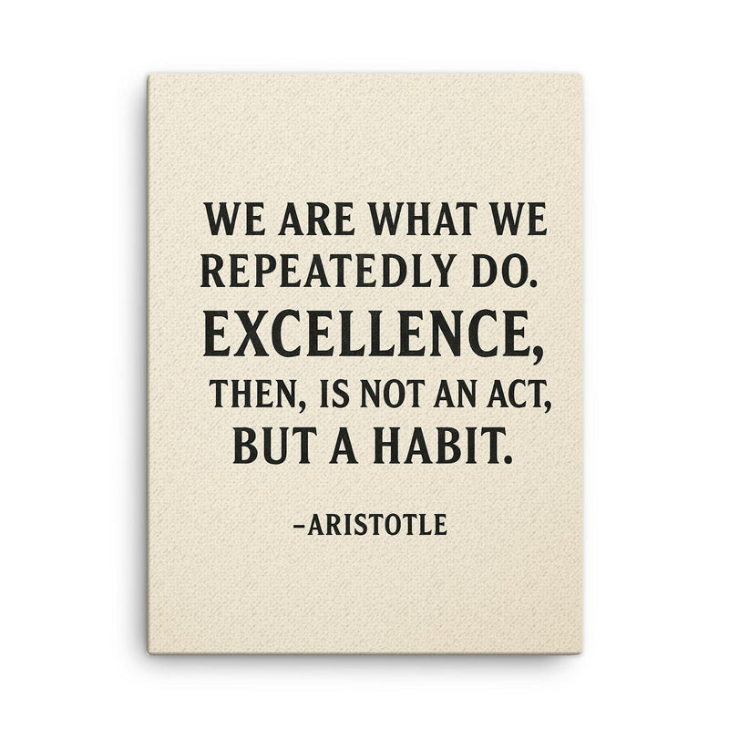“We are what we repeatedly do Excellence then is not an act but a habit ” Aristotle canvas print on a plain backdrop in size 18