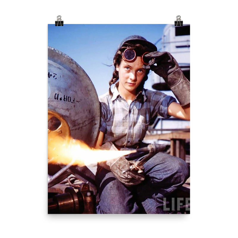 A 20-Year-Old Female Welder During WWII, Photo by Bernard Hoffman, 1943 poster on a plain backdrop in size 8