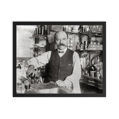 A bartender pouring a drink in 1910, New York City framed print on a plain backdrop in size 16"x20".