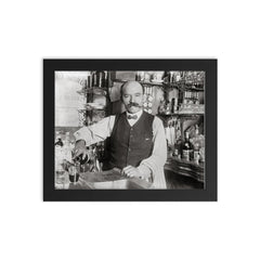 A bartender pouring a drink in 1910, New York City framed print on a plain backdrop in size 8"x10".
