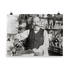 A bartender pouring a drink in 1910, New York City poster on a plain backdrop in size 8"x10".