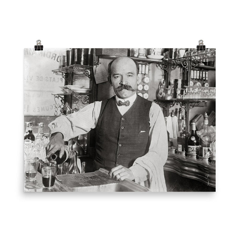 A bartender pouring a drink in 1910, New York City poster on a plain backdrop in size 8