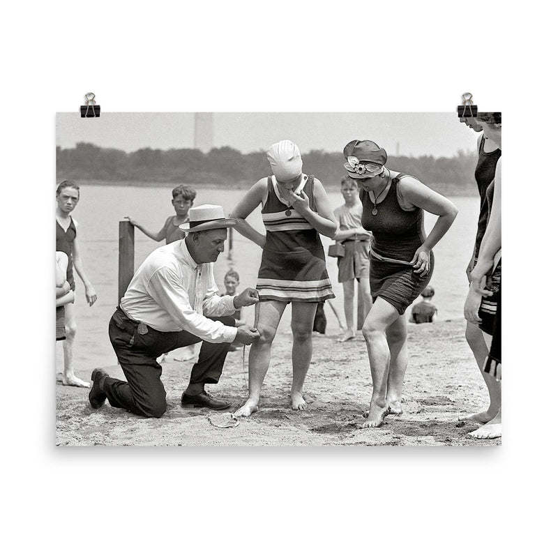 A beach police officer measures the length of a bathing suit to ensure it complies with modesty laws, Washington, DC 1922 poster on a plain backdrop in size 8