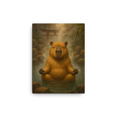 A capybara meditating in a Japanese hot spring steam rising around it canvas print on a plain backdrop in size 12"x16".