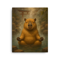 A capybara meditating in a Japanese hot spring steam rising around it canvas print on a plain backdrop in size 16"x20".